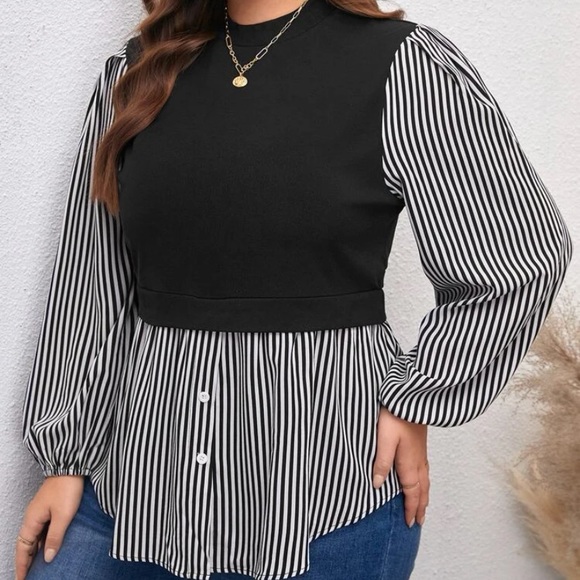 SHEIN unity plus size striped print lantern sleeve 2 in 1 top - Picture 5 of 5